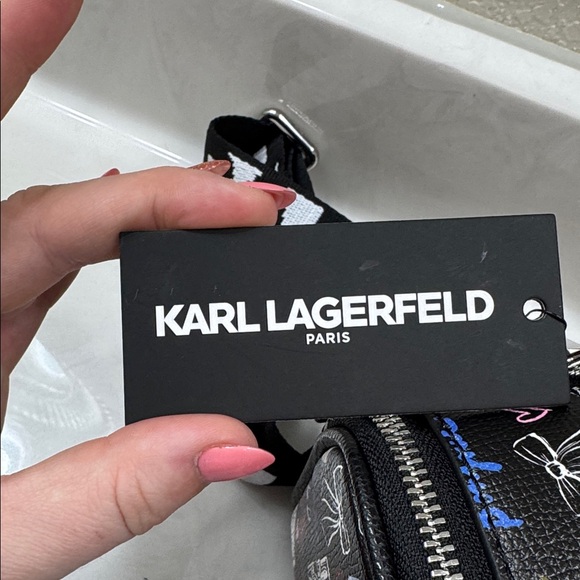 Karl Lagerfeld Black Graphic Crossbody Bag with Guitar Strap. Double Zipper - Picture 4 of 9